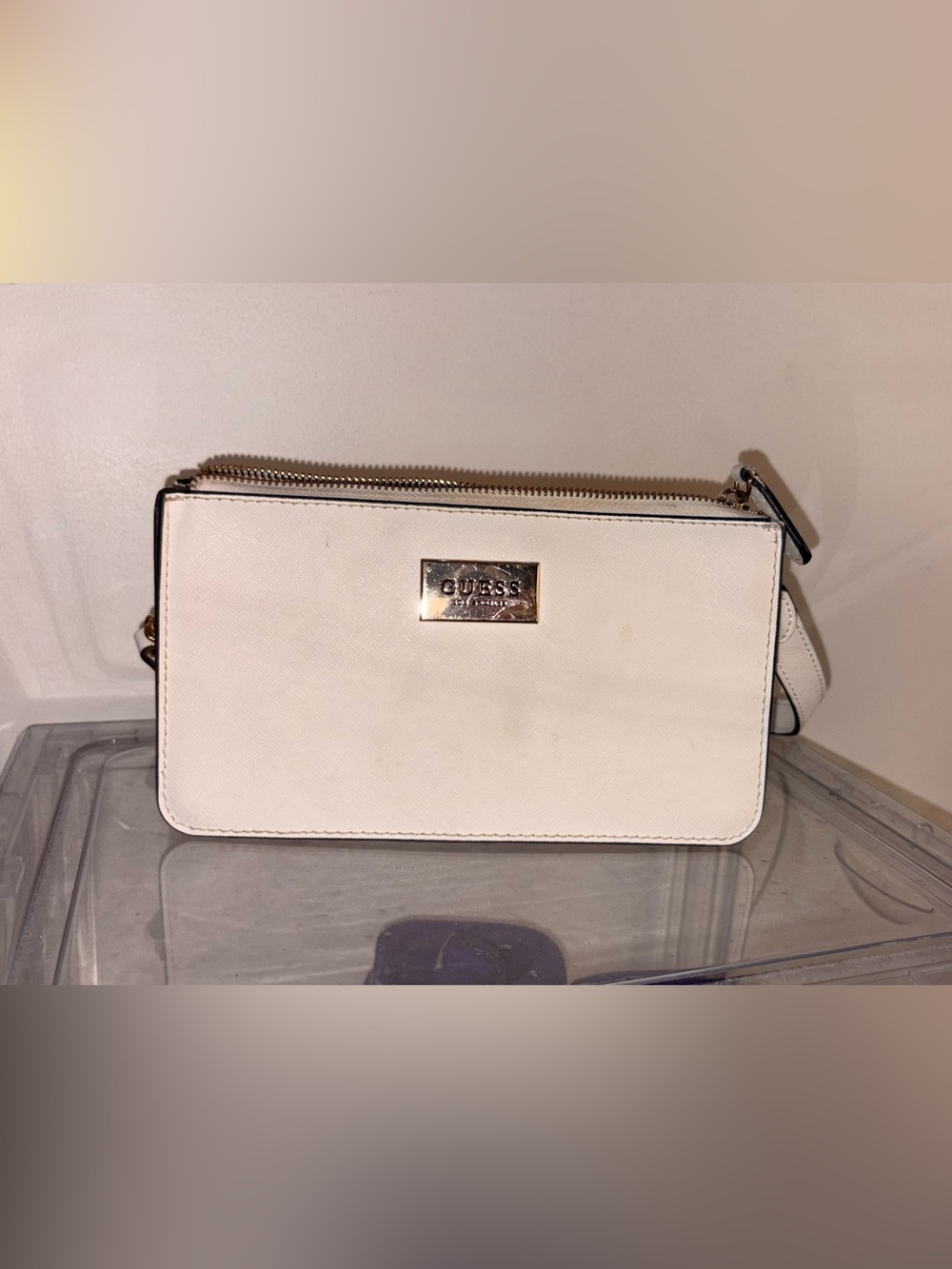 GUESS White Saffiano Zip Clutch